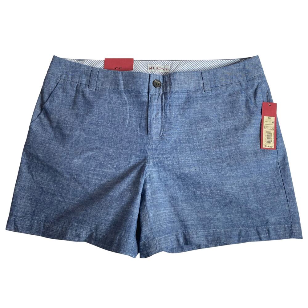 Merona Women's Size 10 Chambray Chino Shorts Blue Cotton 5" Inseam Summer NWT